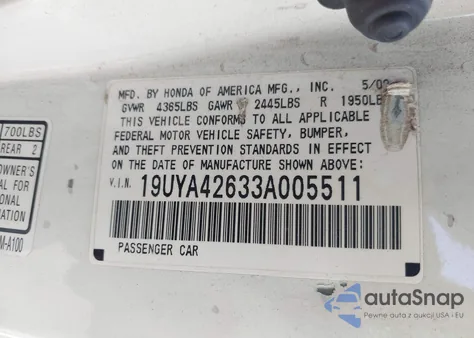 2003 Acura Cl 3.2 Type S Automatic z USA, uszkodzony, nr VIN 19UYA42633A005511